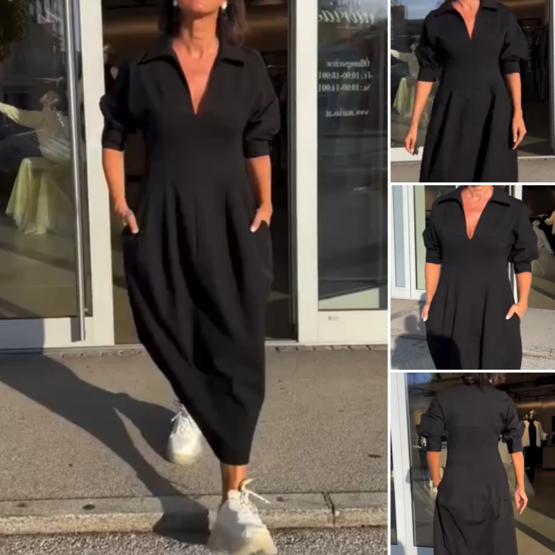 Stephanie - Elegant V-Neck Lapel Midi Dress