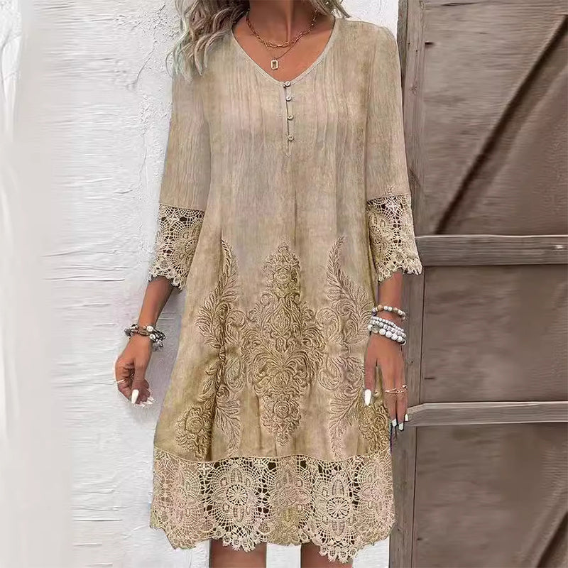 Maia - Women's Elegant Lace Dress with Half Sleeves and V-Neck
