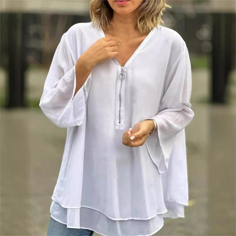 Quorina - Women's Chiffon V-Neck Zip 3/4 Sleeve Flowy Elegant Blouse