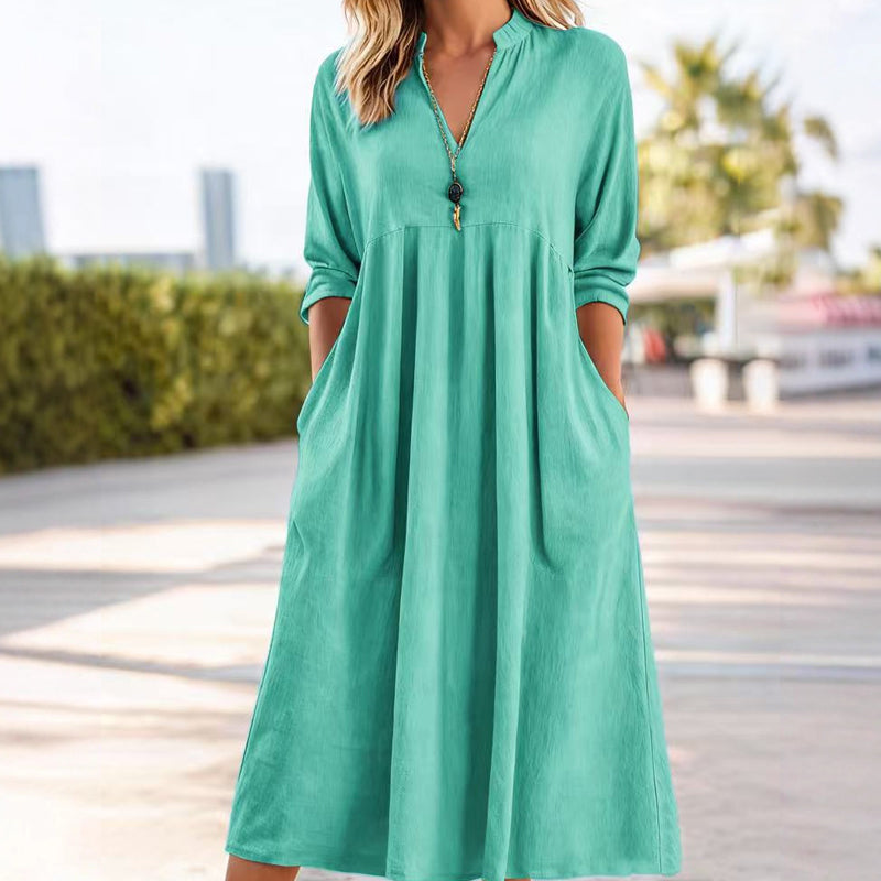 Quivara - Casual V-Neck Empire Waist Midi Dress